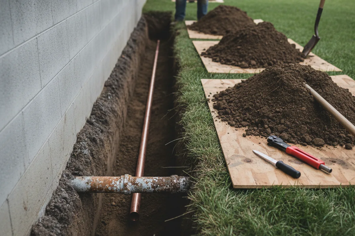 Excavated water line trench during Sewer Line Repair in Bronx